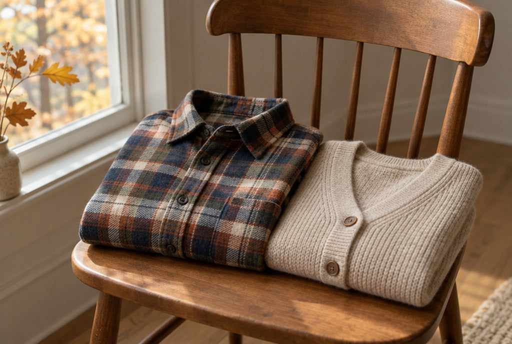 A men's plaid flannel shirt and a women's knit cardigan folded on a wooden chair beside a window in soft autumn light