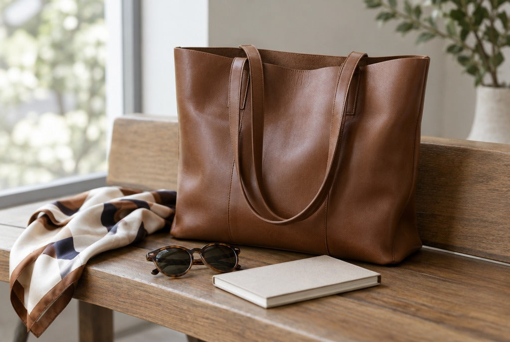 A brown leather tote bag on a wooden bench with a folded silk scarf, sunglasses and a notebook beside it, soft daylight