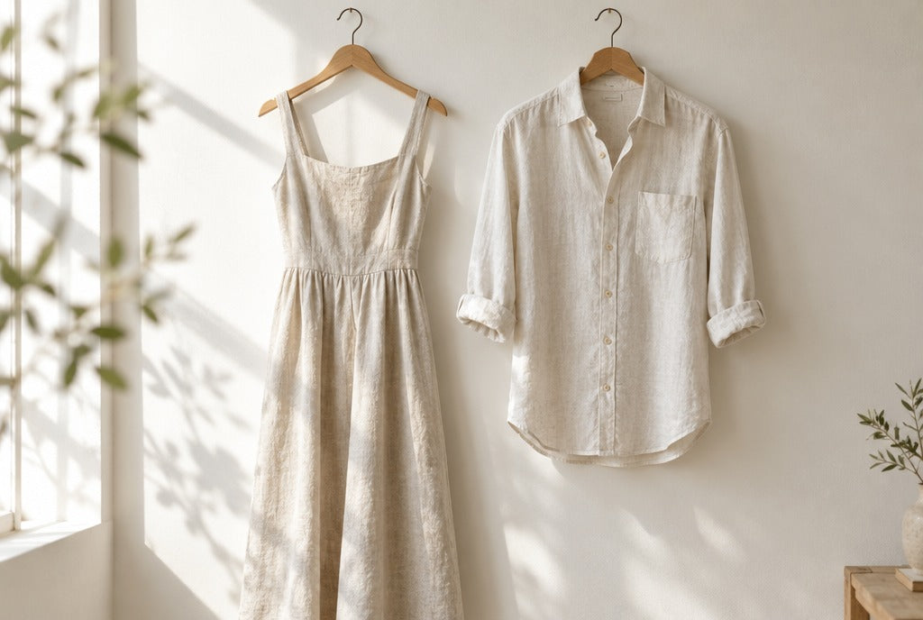 A women's linen dress and a men's linen shirt on wooden hangers side by side against a sunlit white wall