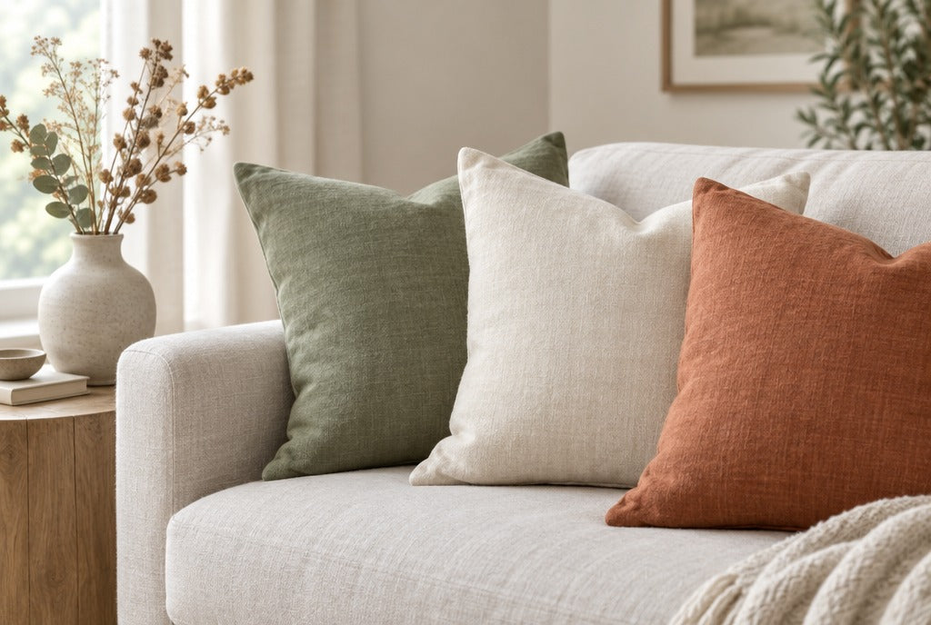 Linen throw pillows in sage, cream and terracotta on a light sofa beside a side table with a ceramic vase of dried stems