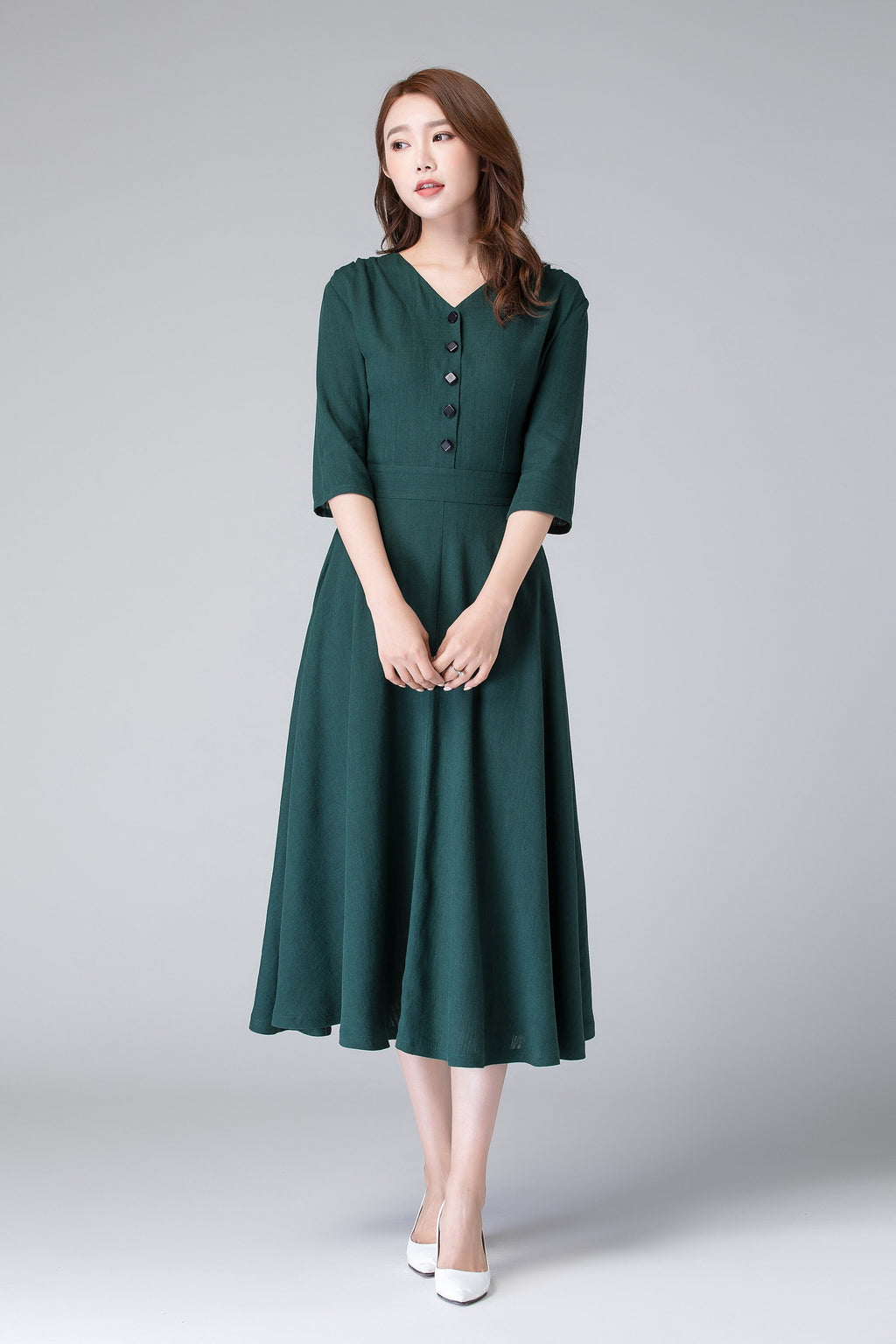 Nell Green Linen Button-Down Midi Dress — view 3