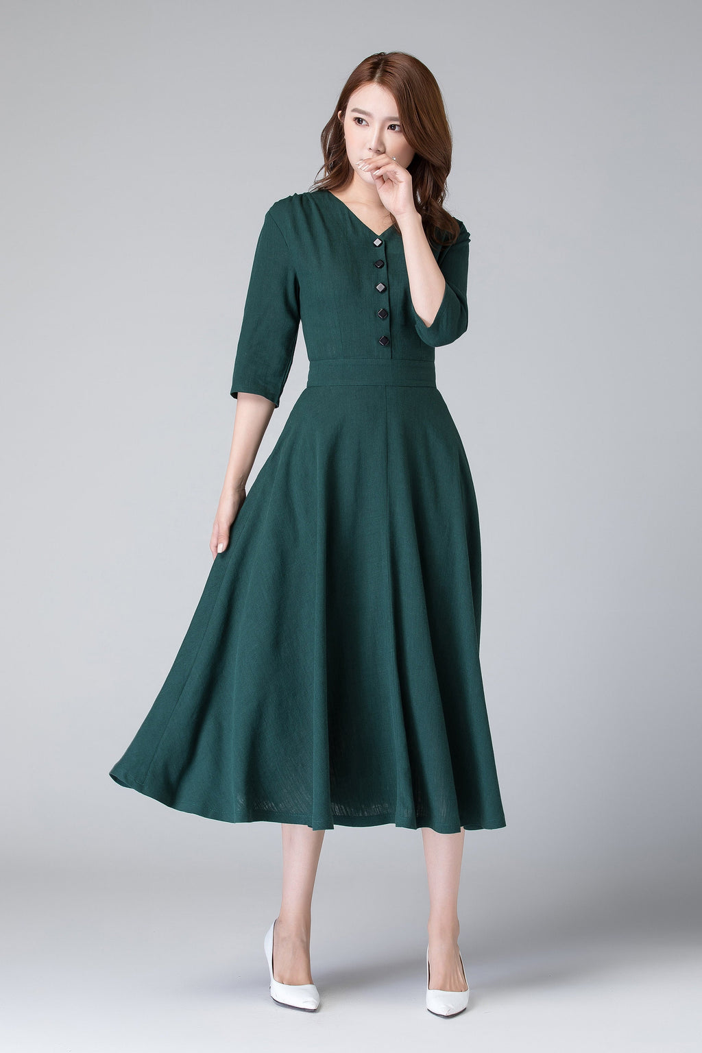 Nell Green Linen Button-Down Midi Dress — view 2