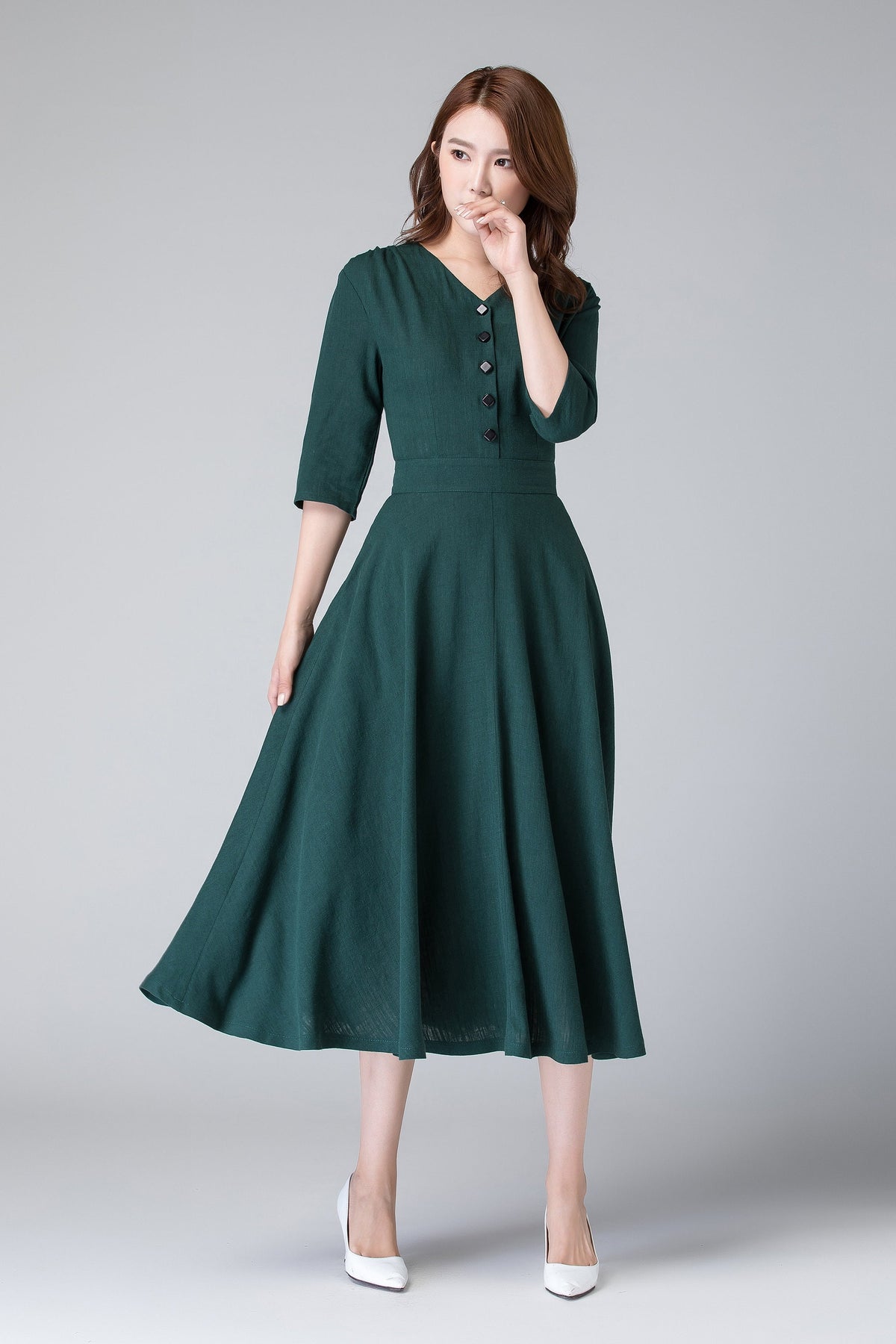 Nell Green Linen Button-Down Midi Dress — view 2