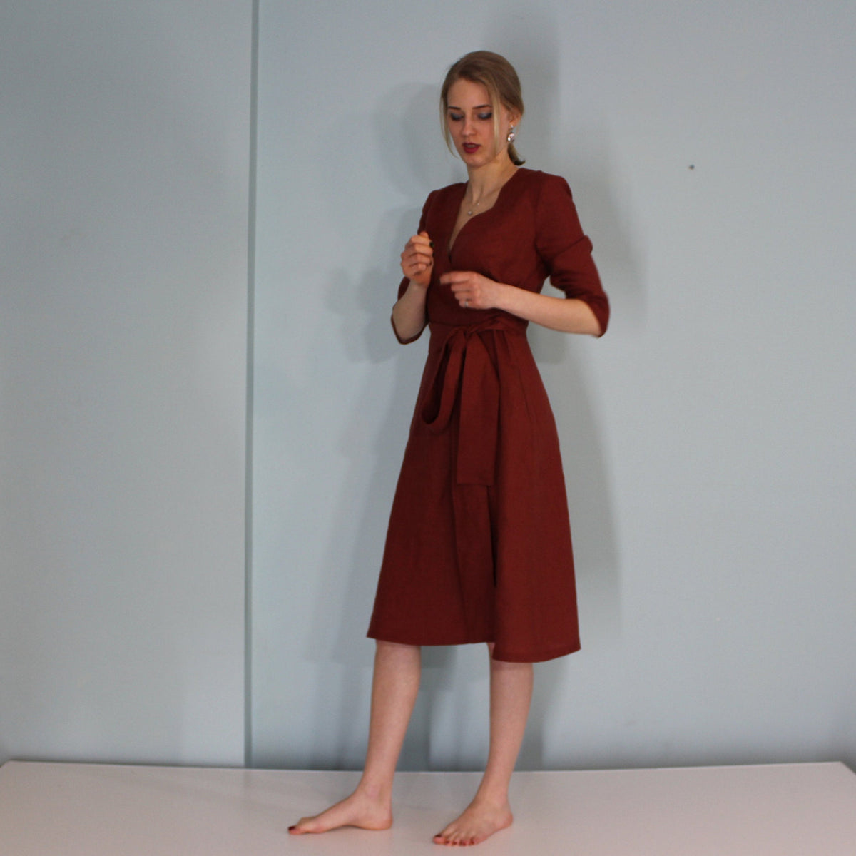 Hazel Burgundy Linen Wrap Dress — view 3