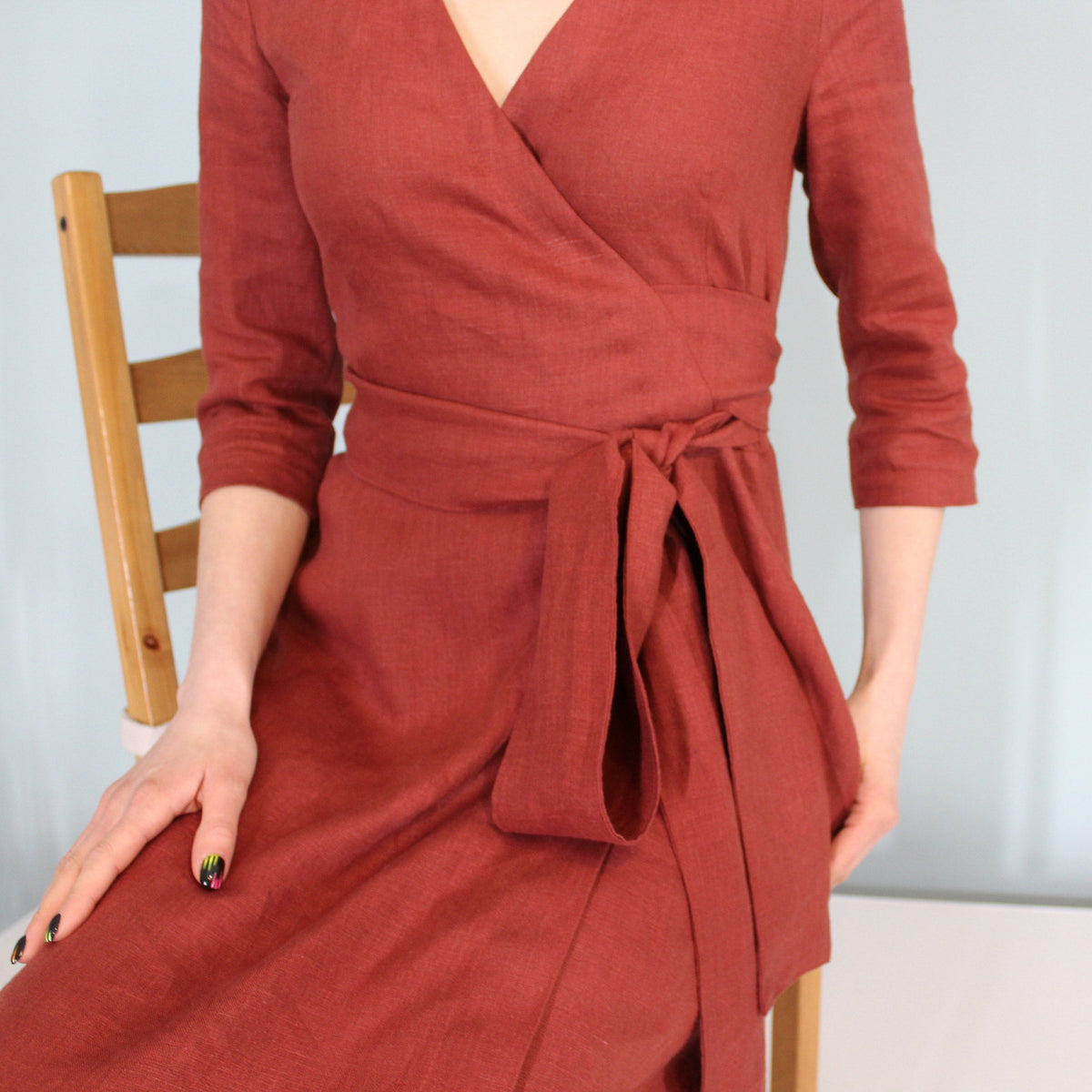 Hazel Burgundy Linen Wrap Dress — view 5