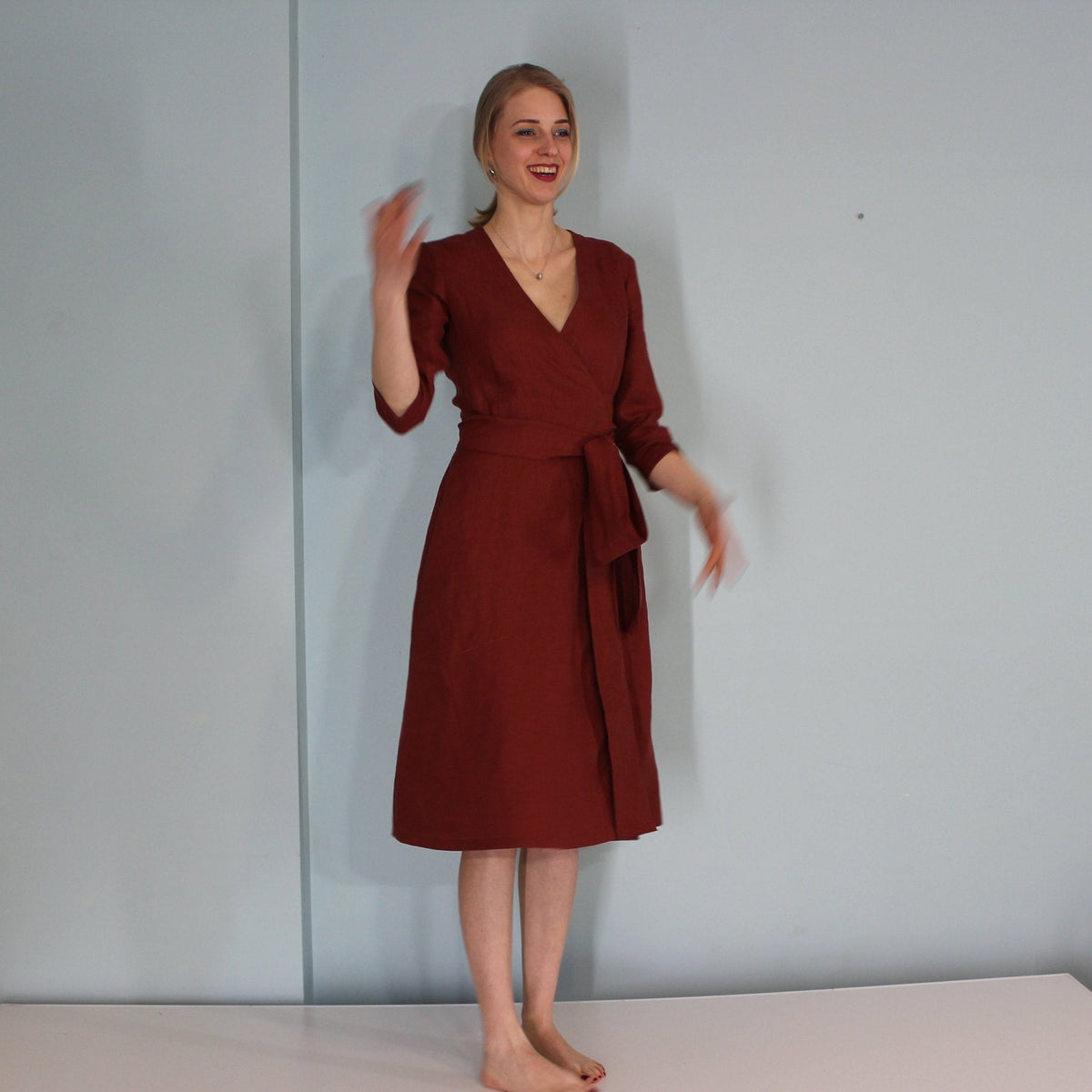 Hazel Burgundy Linen Wrap Dress — view 2