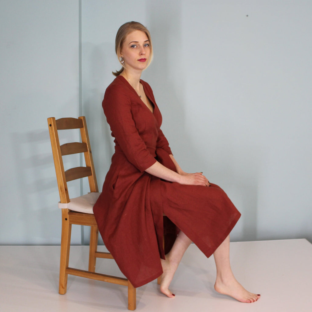 Hazel Burgundy Linen Wrap Dress — view 4
