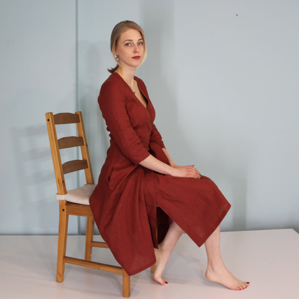 Hazel Burgundy Linen Wrap Dress — view 4