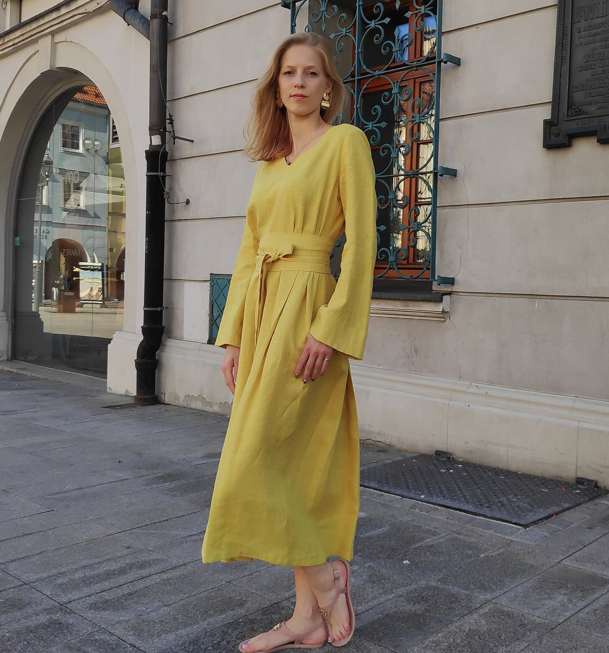 Alma Yellow Linen Maxi Dress — view 2