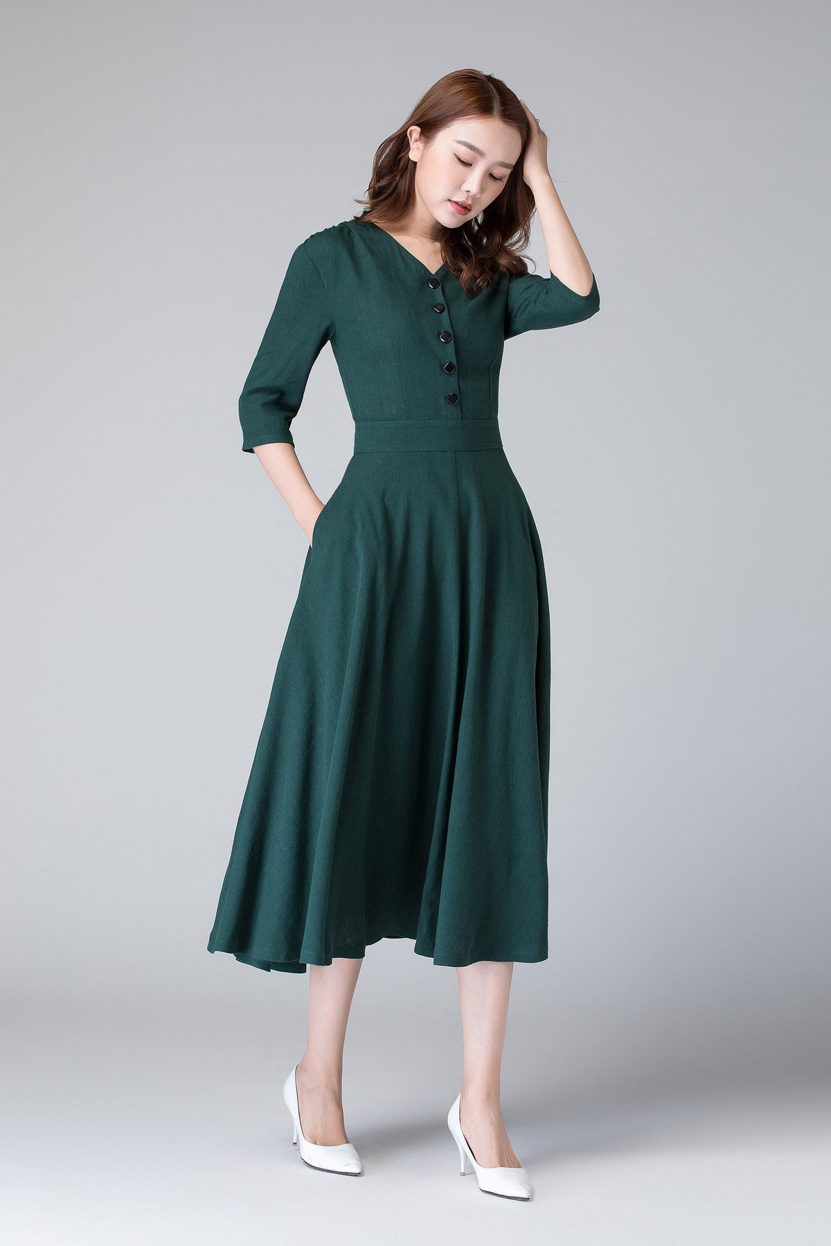 Nell Green Linen Button-Down Midi Dress — Wakefield's