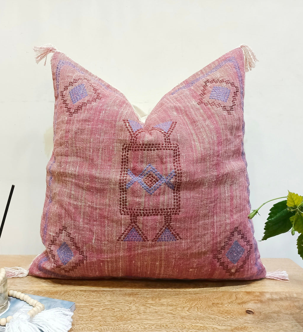 Laurel Pink Linen Embroidered Pillow Cover — view 5