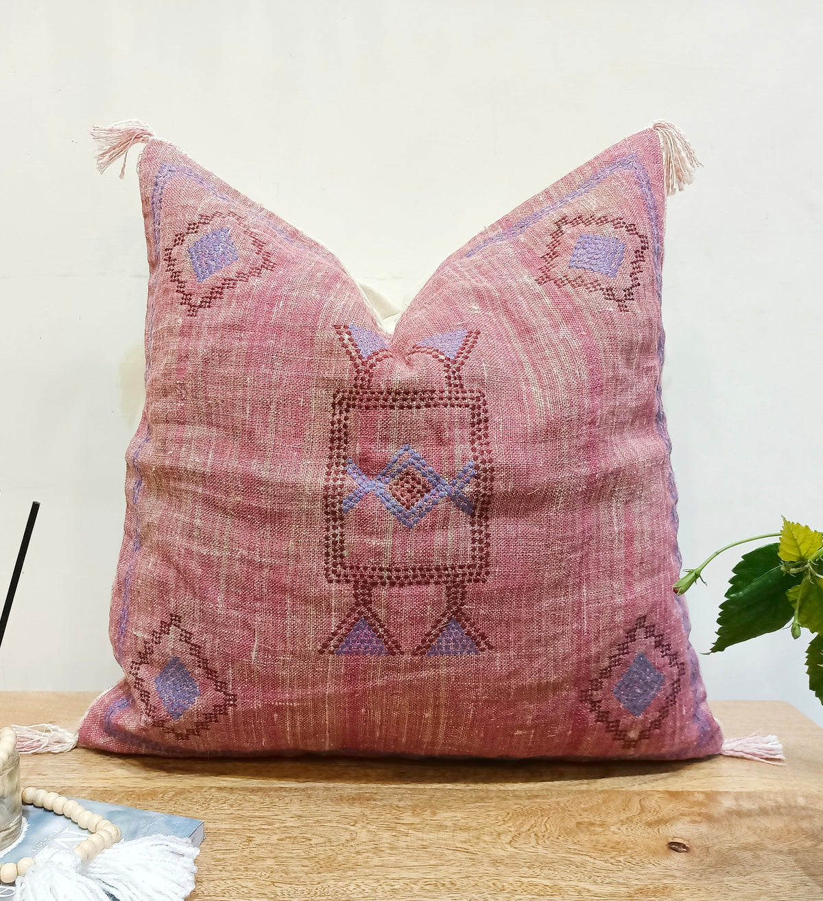 Laurel Pink Linen Embroidered Pillow Cover — view 5