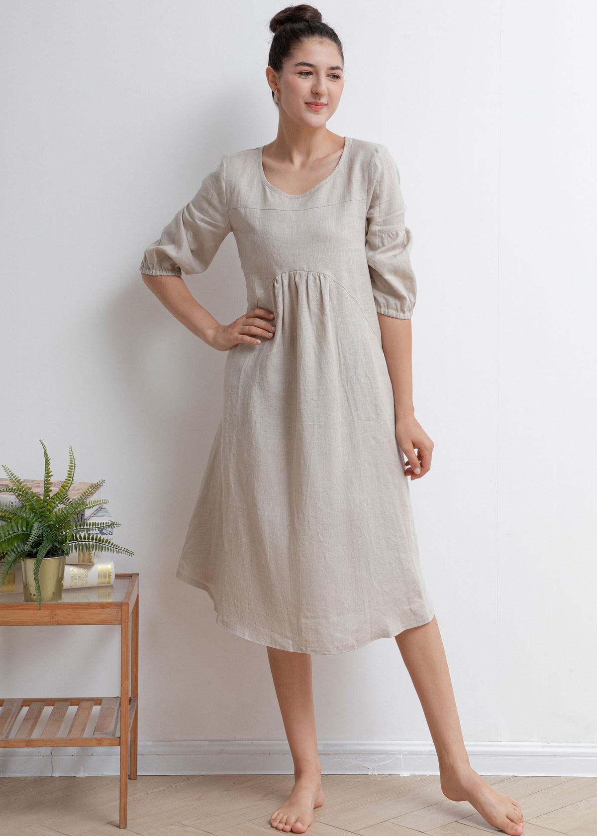 Sunny Beige Linen Midi Dress — view 4