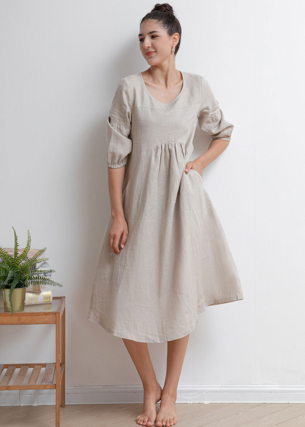 Sunny Beige Linen Midi Dress — view 6