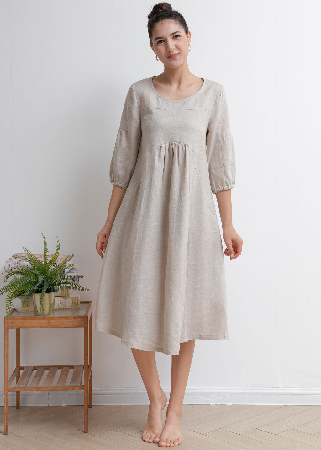 Sunny Beige Linen Midi Dress — view 3