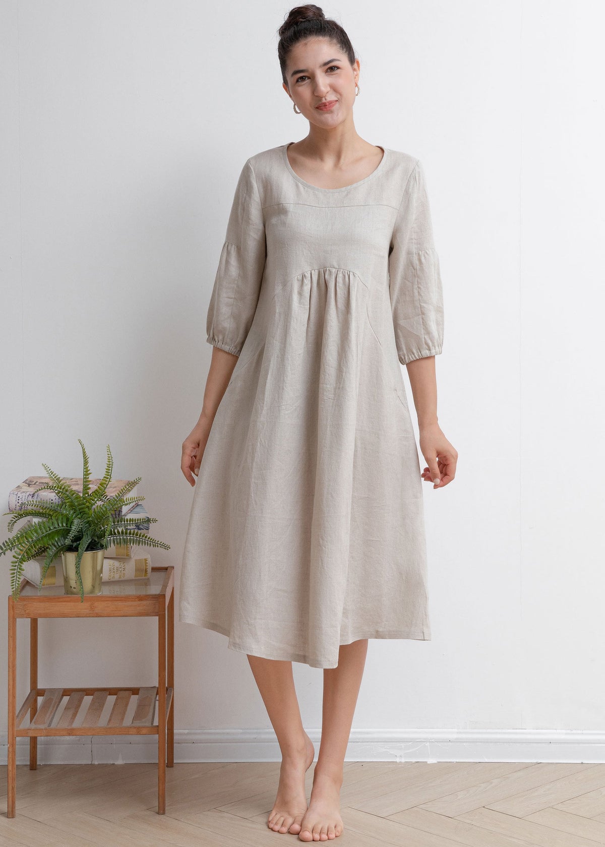 Sunny Beige Linen Midi Dress — view 3