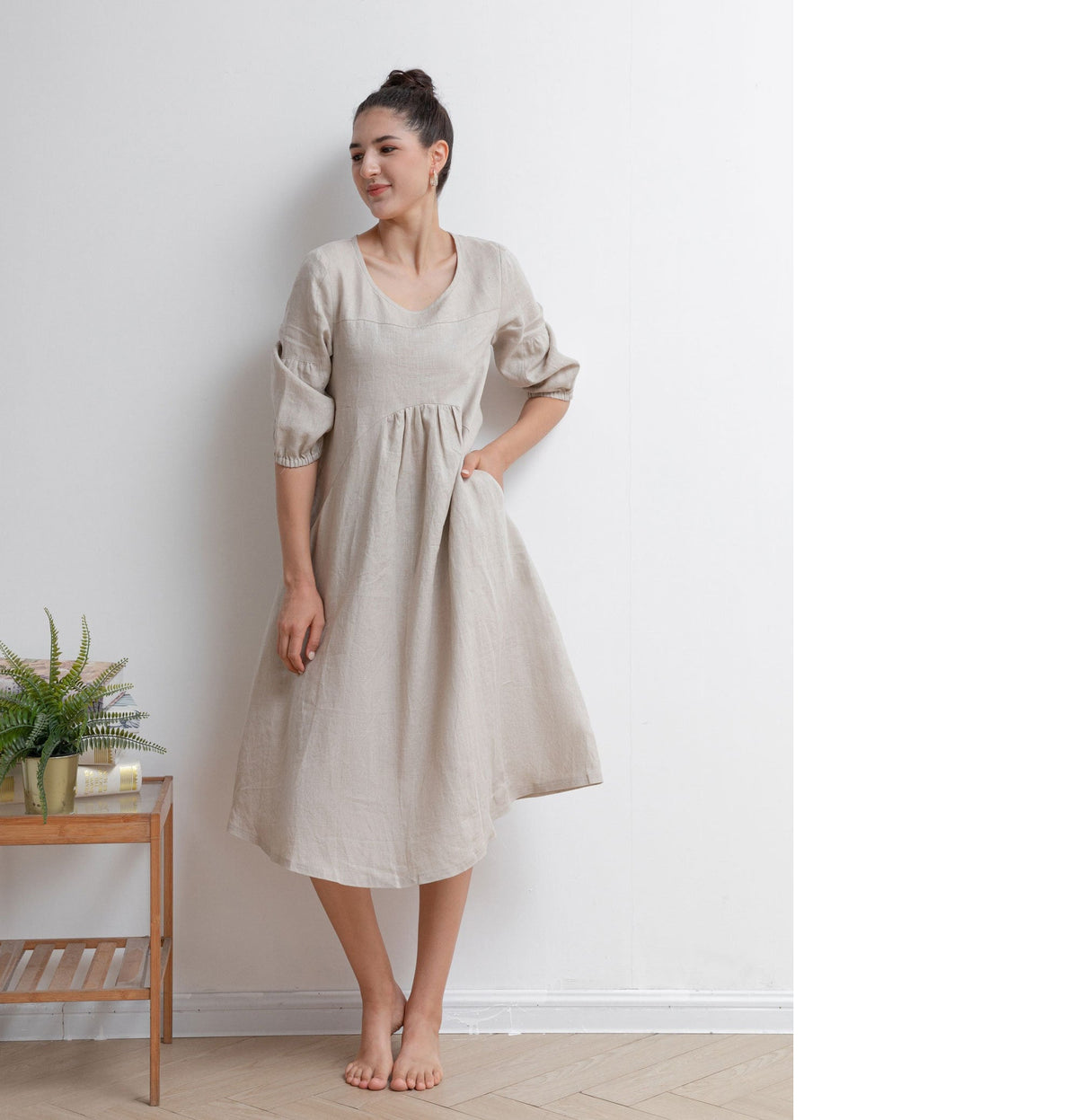 Sunny Beige Linen Midi Dress — view 2
