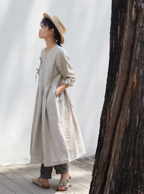 Nora Beige Linen Oversized Maxi Dress — view 3