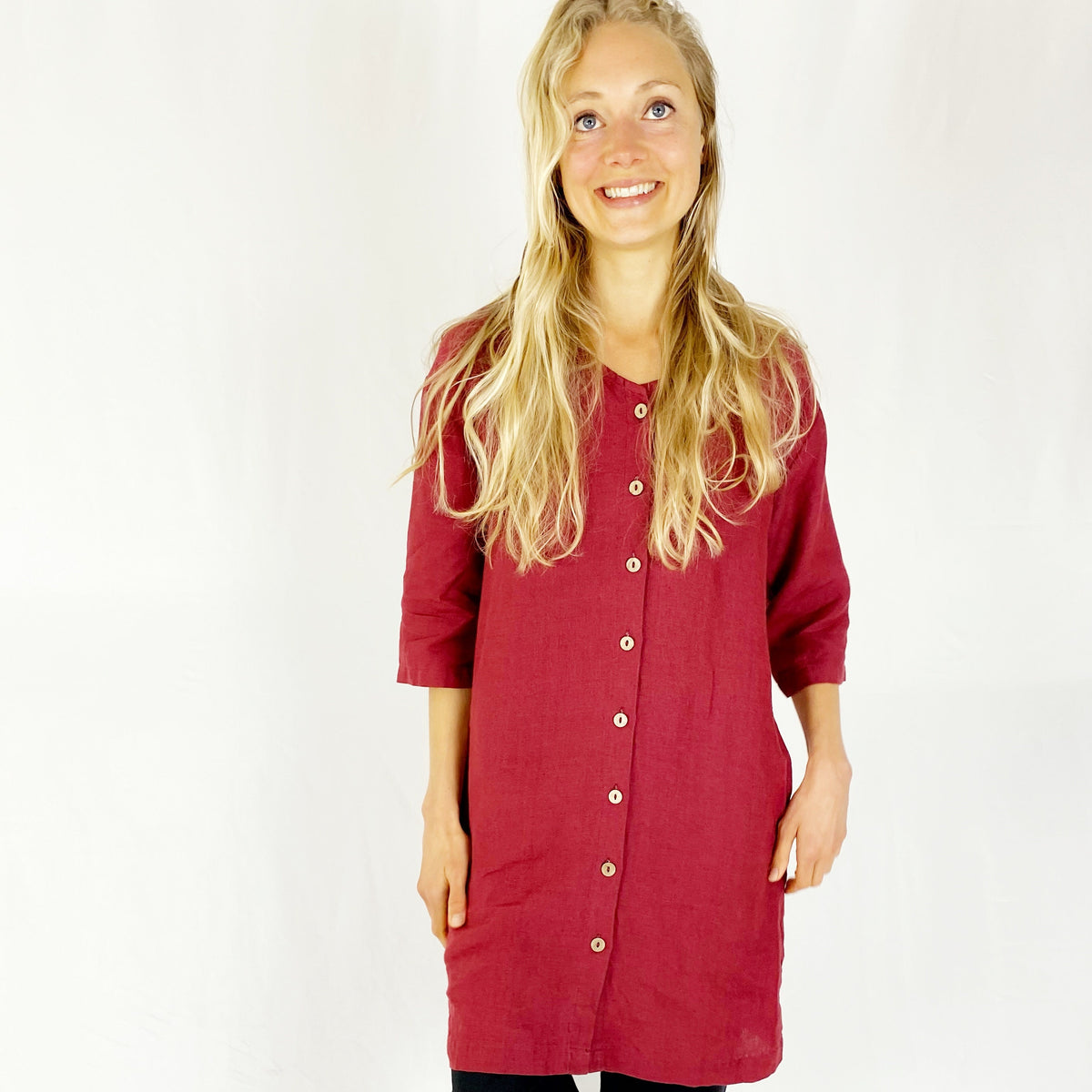 Margot Burgundy Linen Shirt Mini Dress — view 4