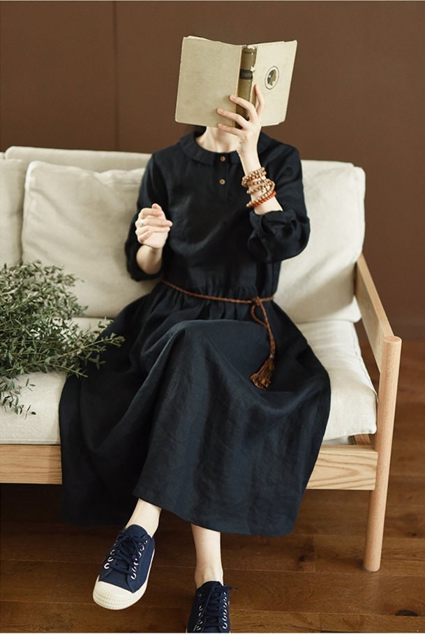 Dina Black Linen Shirt Midi Dress — view 3
