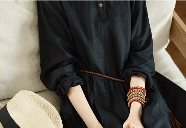 Dina Black Linen Shirt Midi Dress — view 4