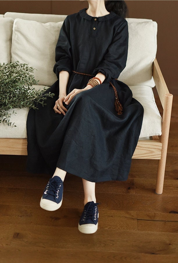 Dina Black Linen Shirt Midi Dress — view 2