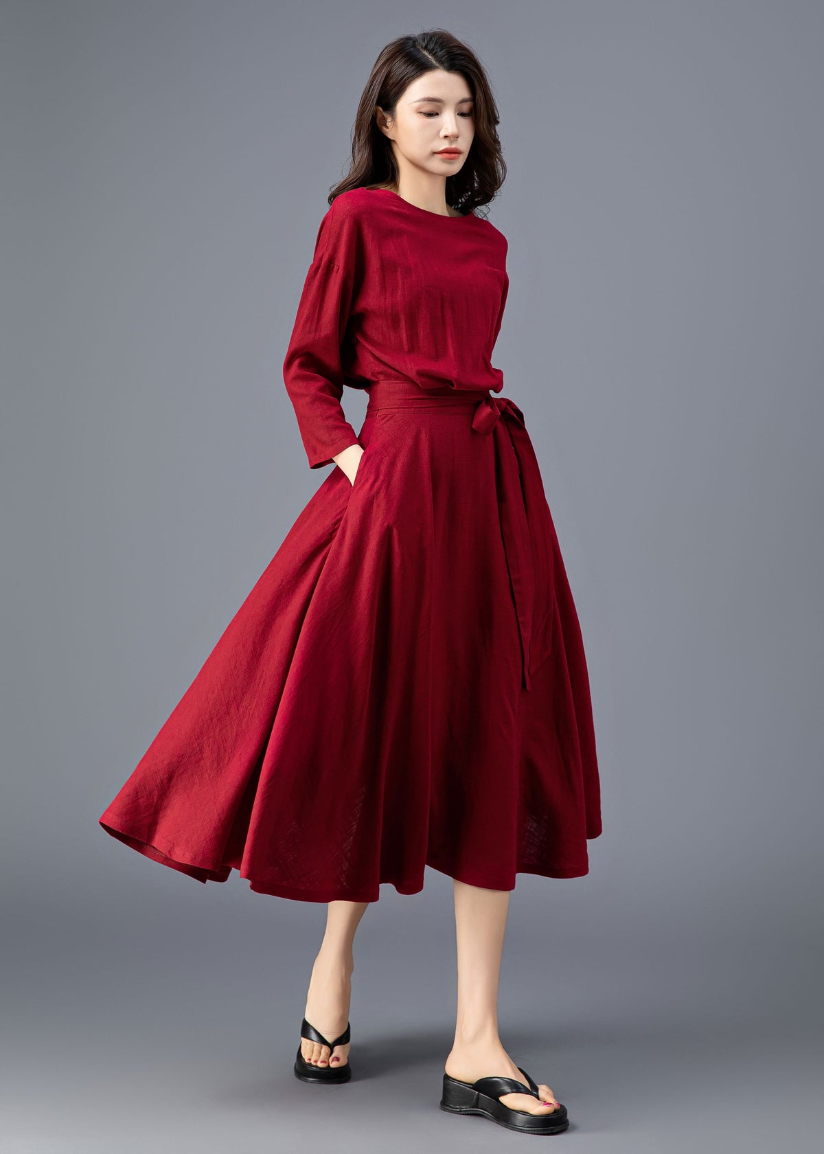 Mae Burgundy Linen Midi Dress — view 4