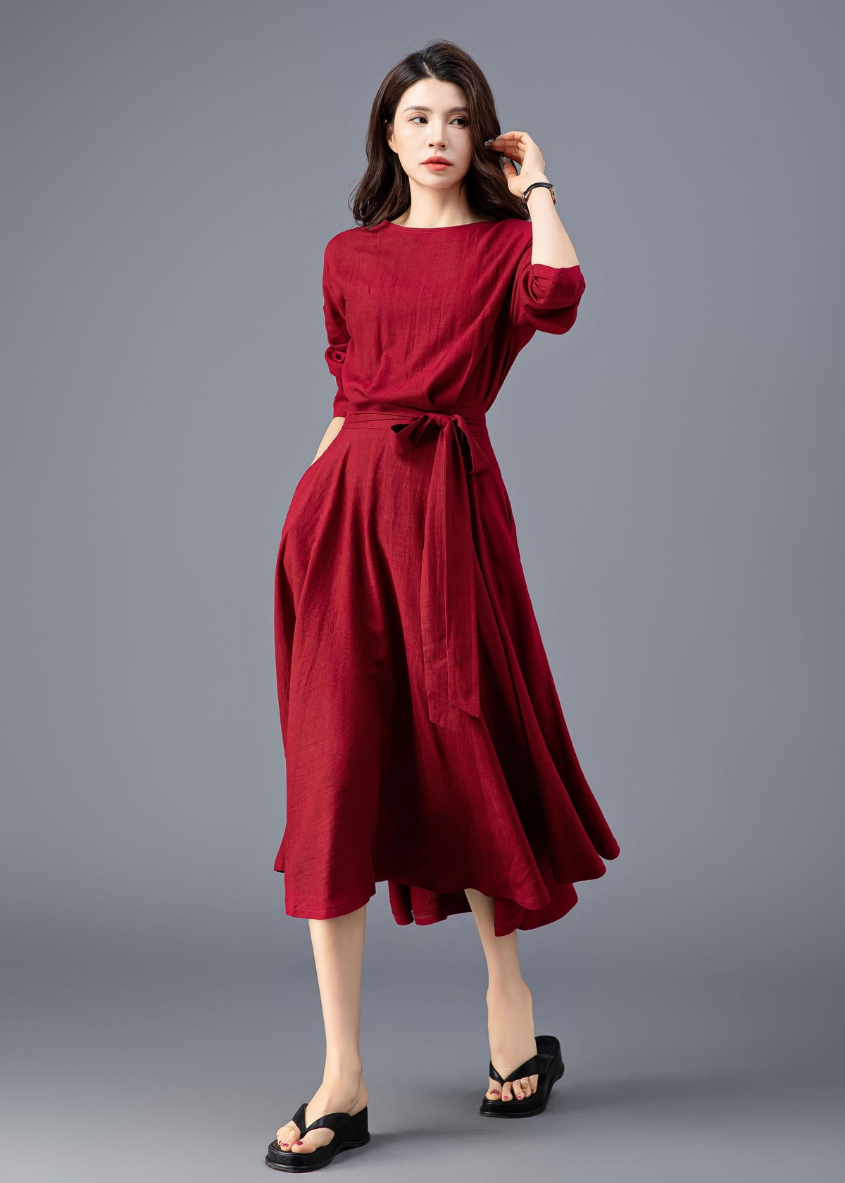 Mae Burgundy Linen Midi Dress — view 6