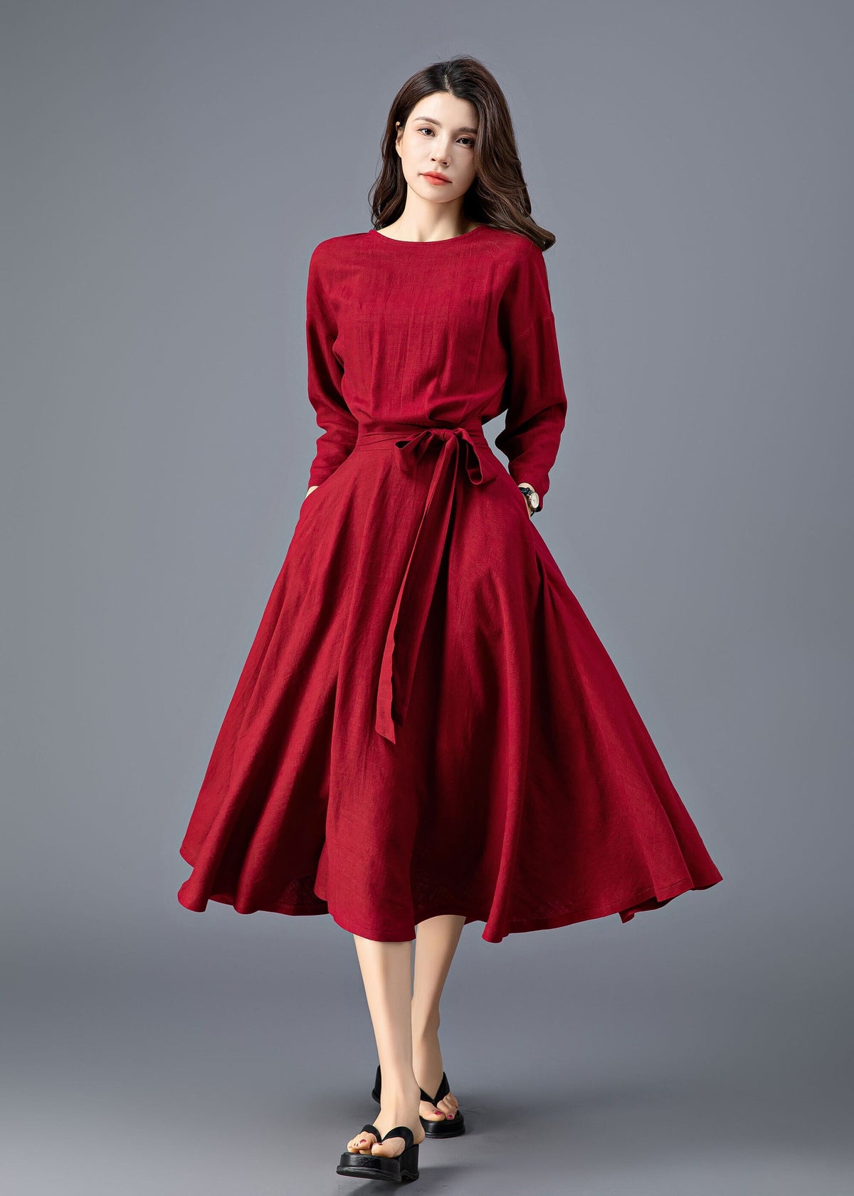Mae Burgundy Linen Midi Dress — view 5