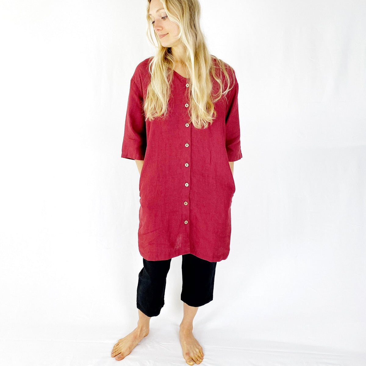 Margot Burgundy Linen Shirt Mini Dress — view 2