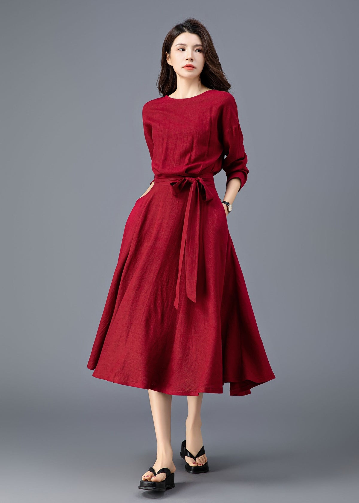 Mae Burgundy Linen Midi Dress — view 3
