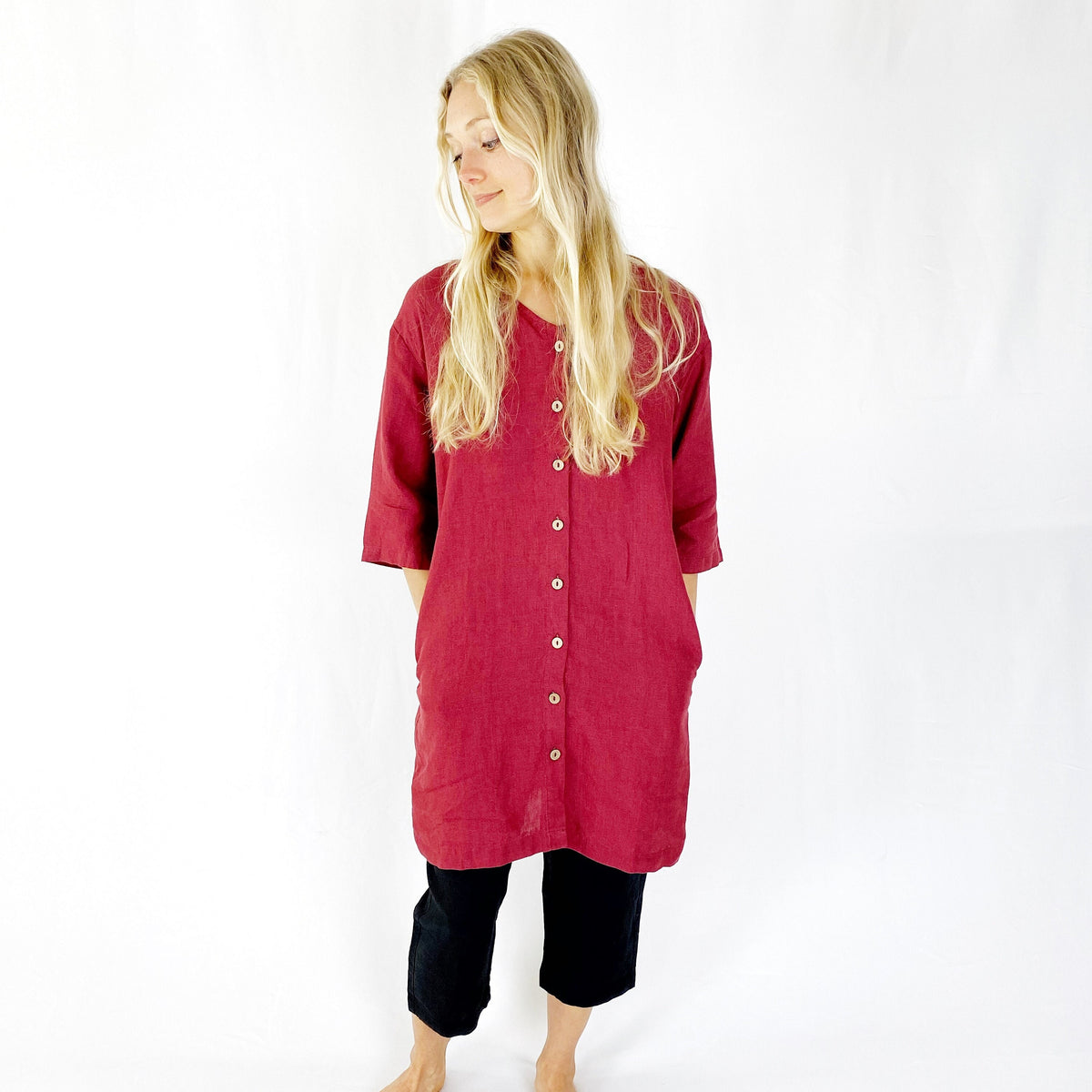 Margot Burgundy Linen Shirt Mini Dress — view 3