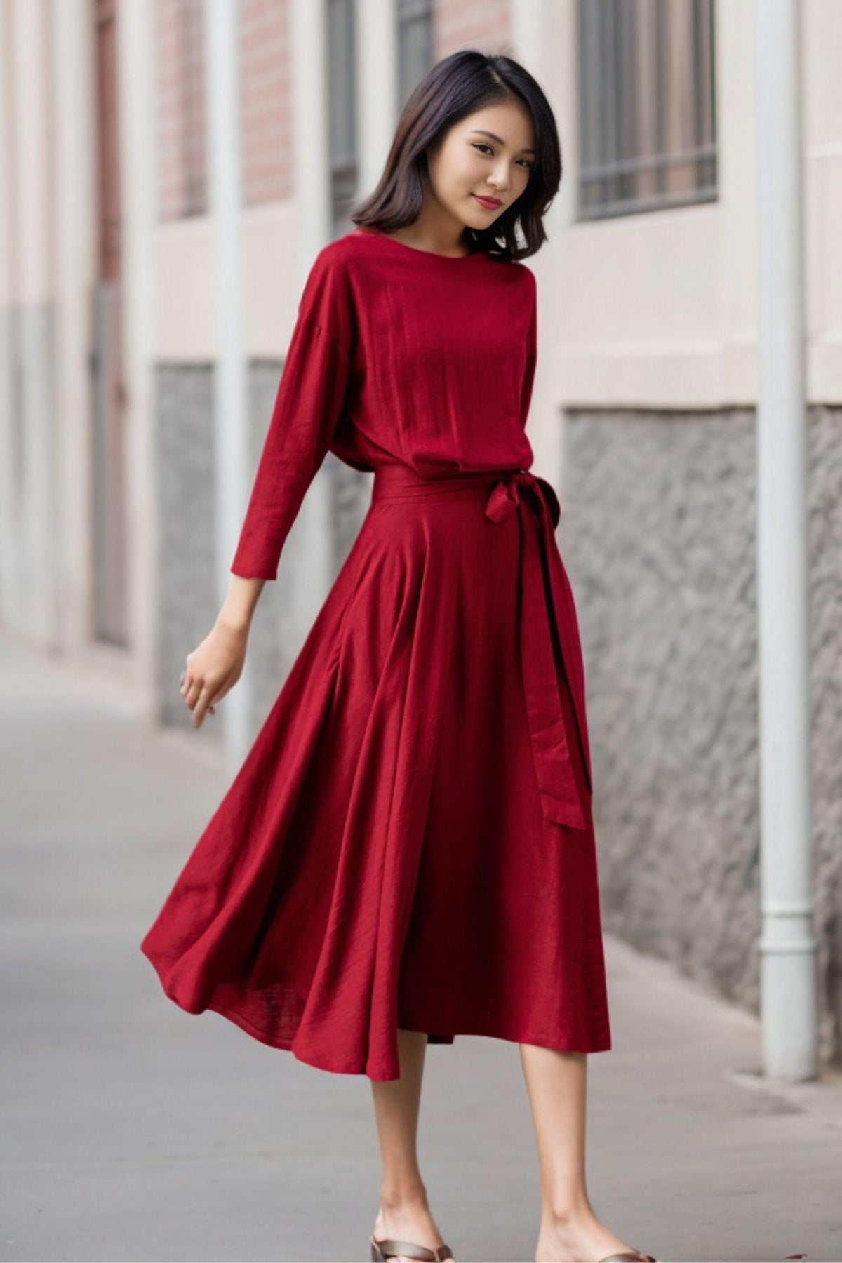 Mae Burgundy Linen Midi Dress — view 2