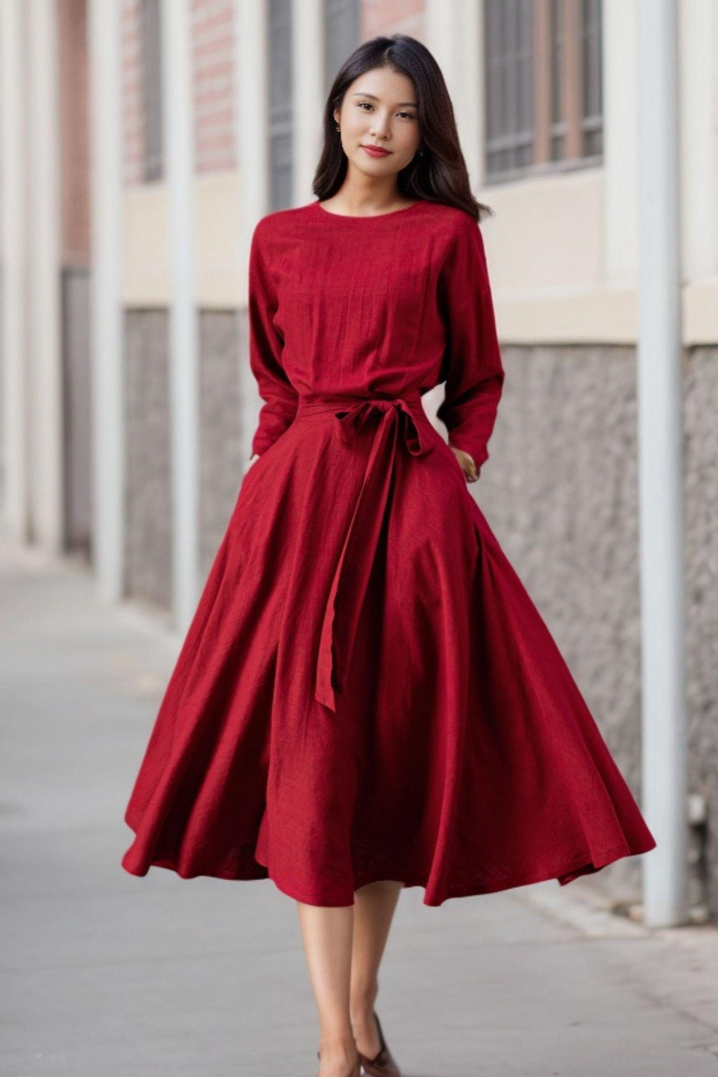 Mae Burgundy Linen Midi Dress — Wakefield's