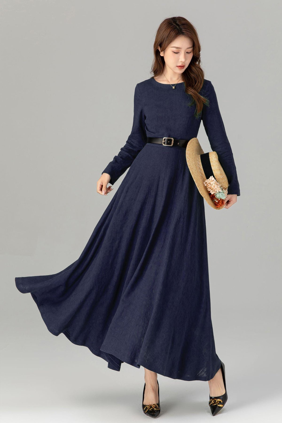 Tilly Navy Linen Swing Maxi Dress — view 5
