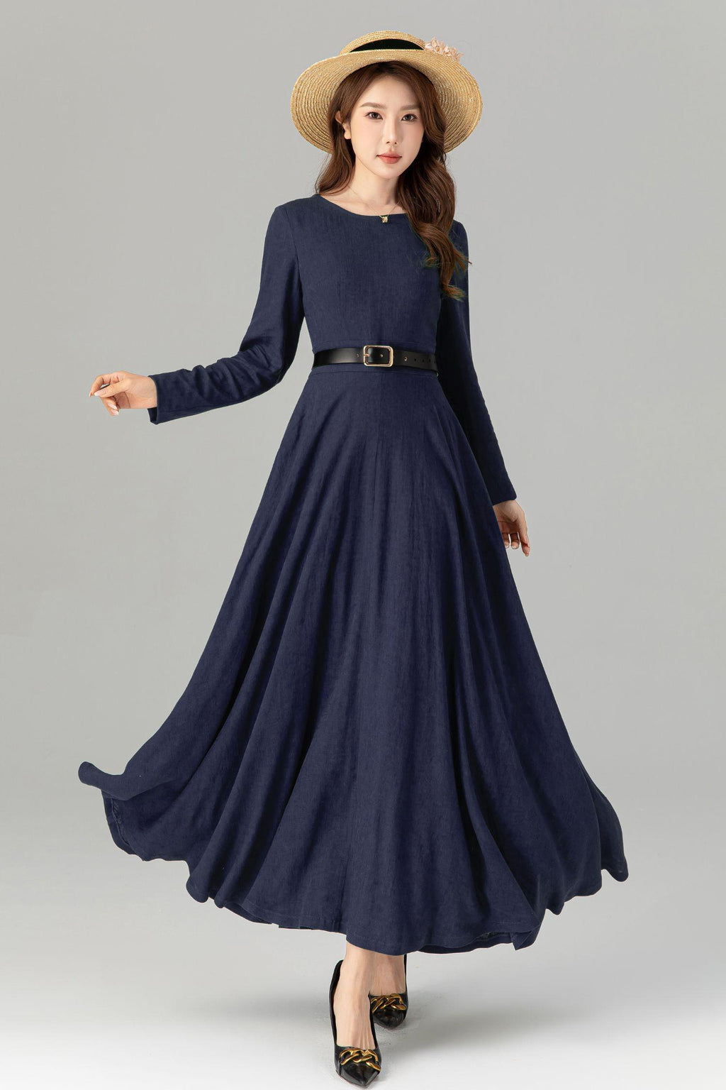 Tilly Navy Linen Swing Maxi Dress — view 3