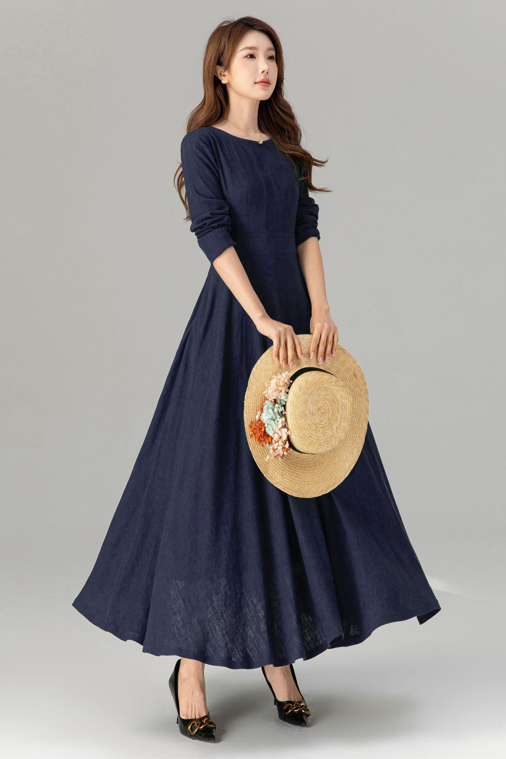 Tilly Navy Linen Swing Maxi Dress — view 2