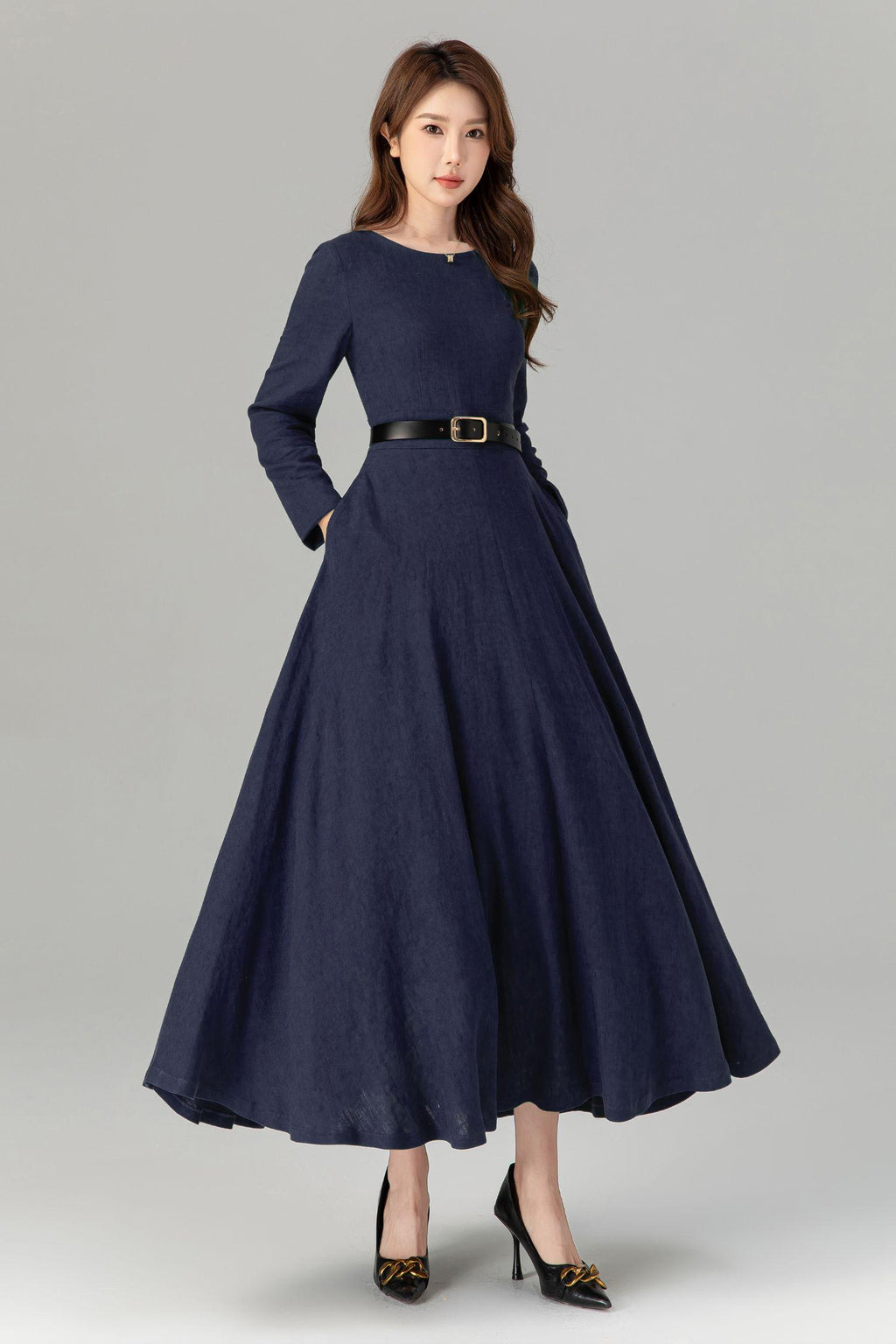 Tilly Navy Linen Swing Maxi Dress — view 4