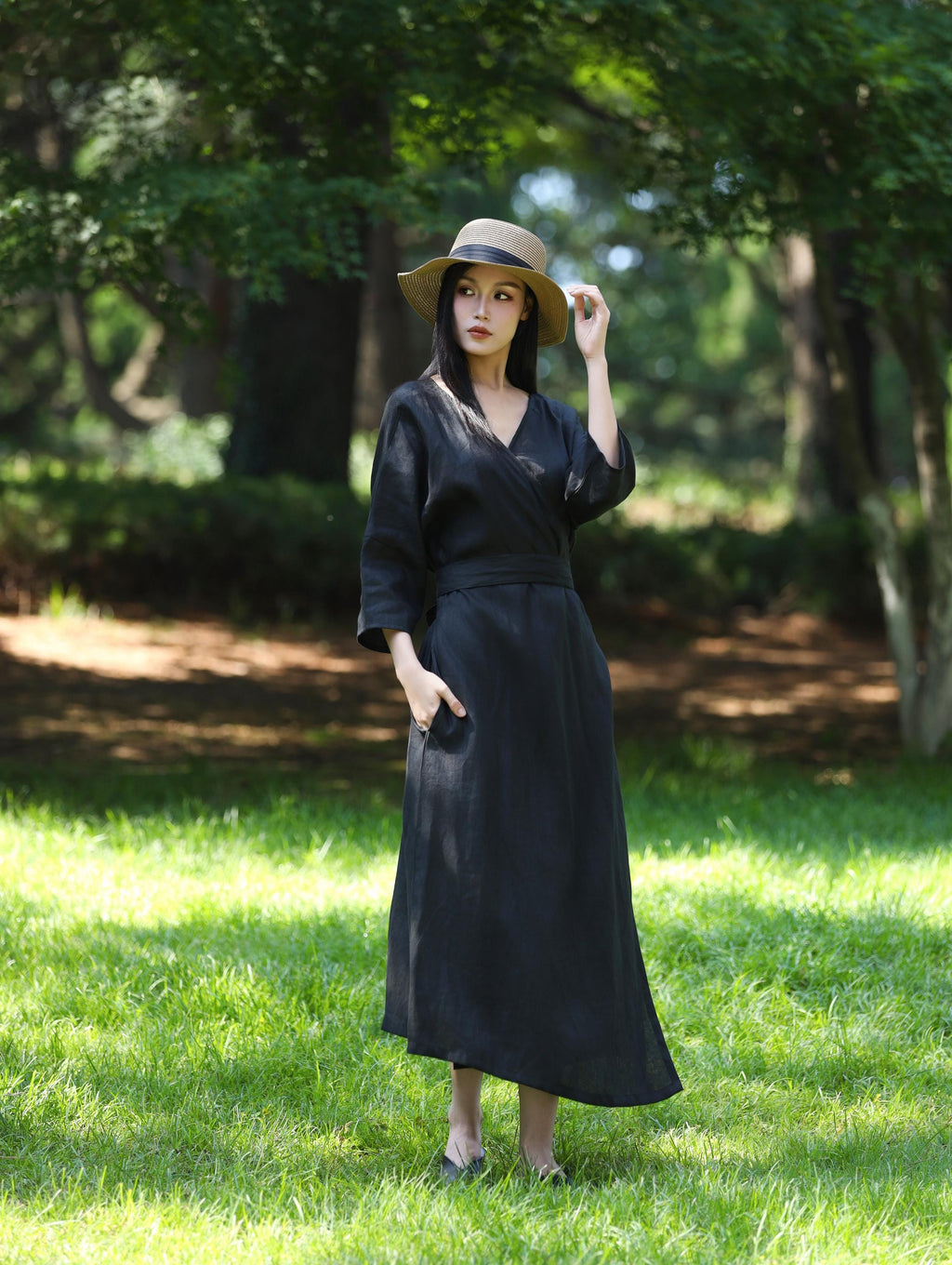 Lila Black Linen Wrap Maxi Dress — view 2