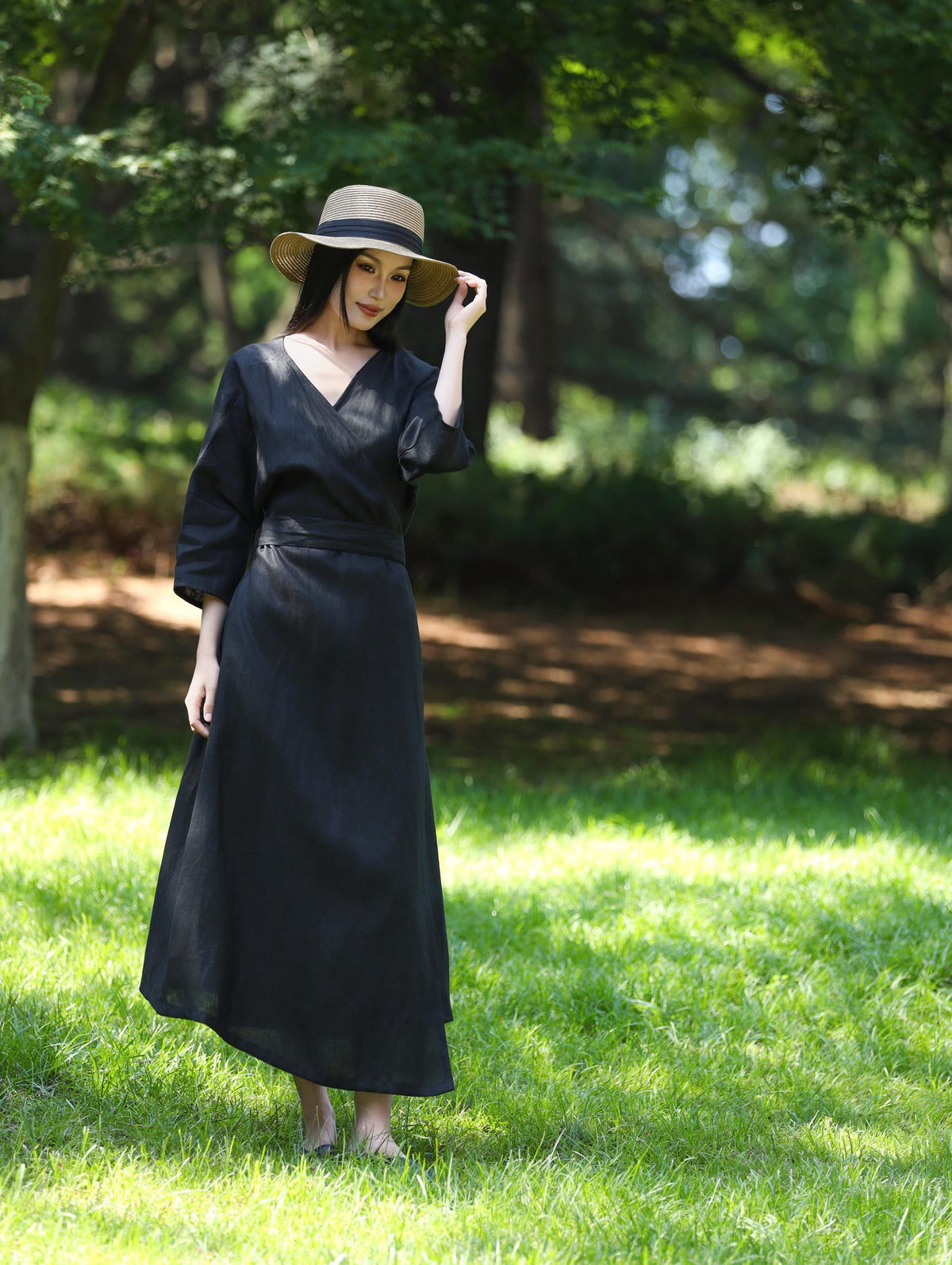 Lila Black Linen Wrap Maxi Dress — view 5