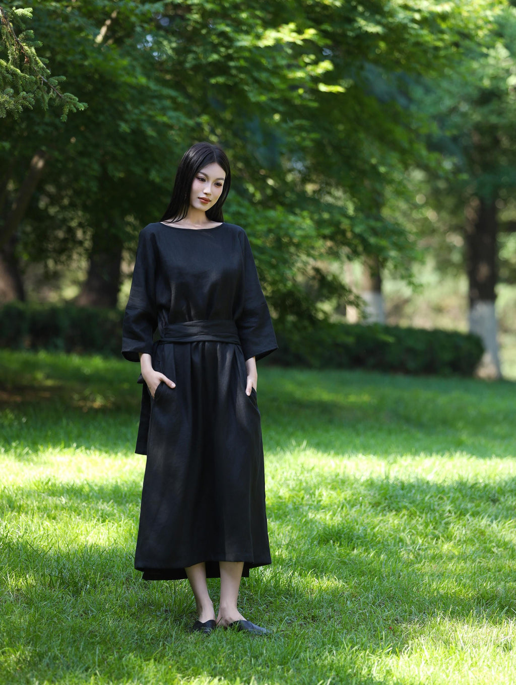 Lila Black Linen Wrap Maxi Dress — view 3