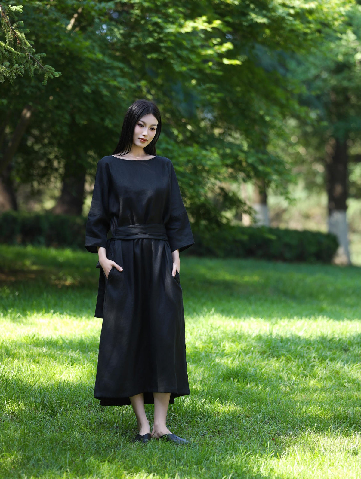 Lila Black Linen Wrap Maxi Dress — view 3
