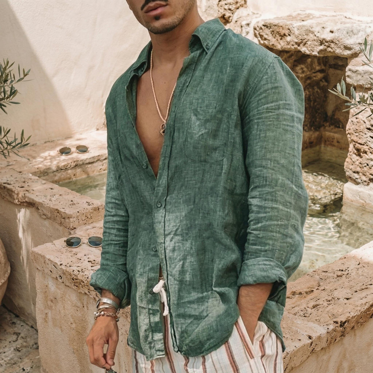 Ward Green Linen Button-Down Shirt — view 2