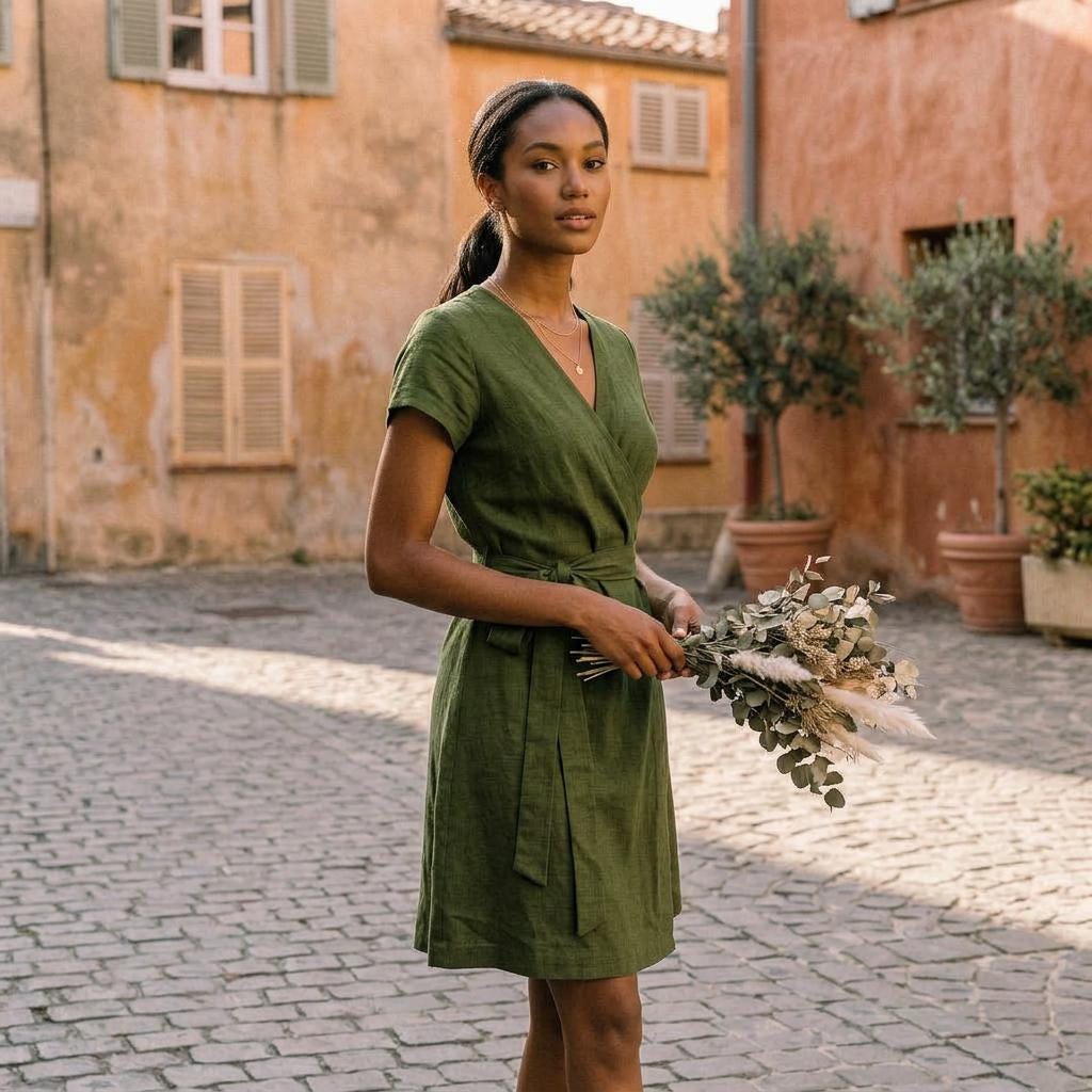 Leona Brown Linen Wrap Knee-Length Dress — view 2