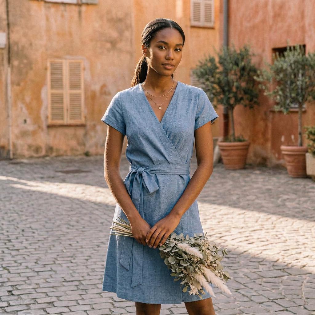 Leona Brown Linen Wrap Knee-Length Dress — view 3