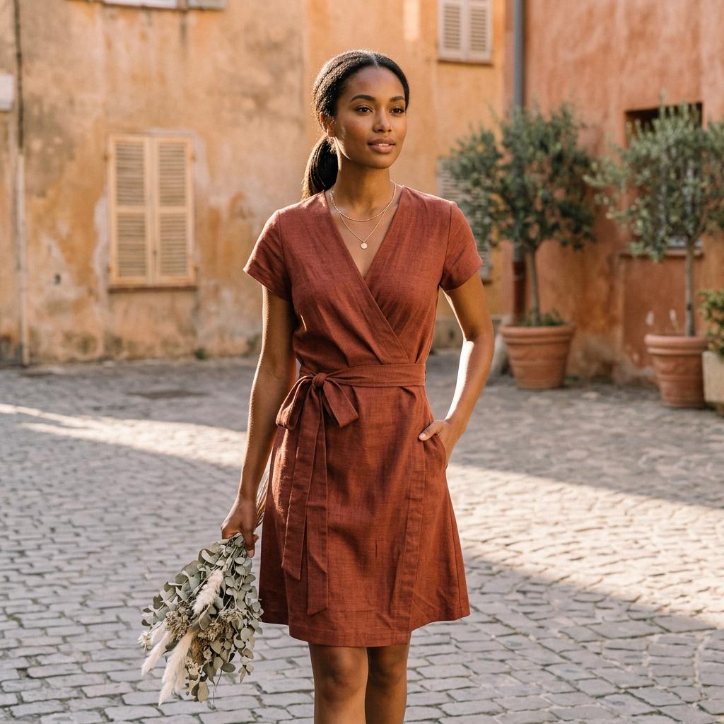 Leona Brown Linen Wrap Knee-Length Dress — Wakefield's