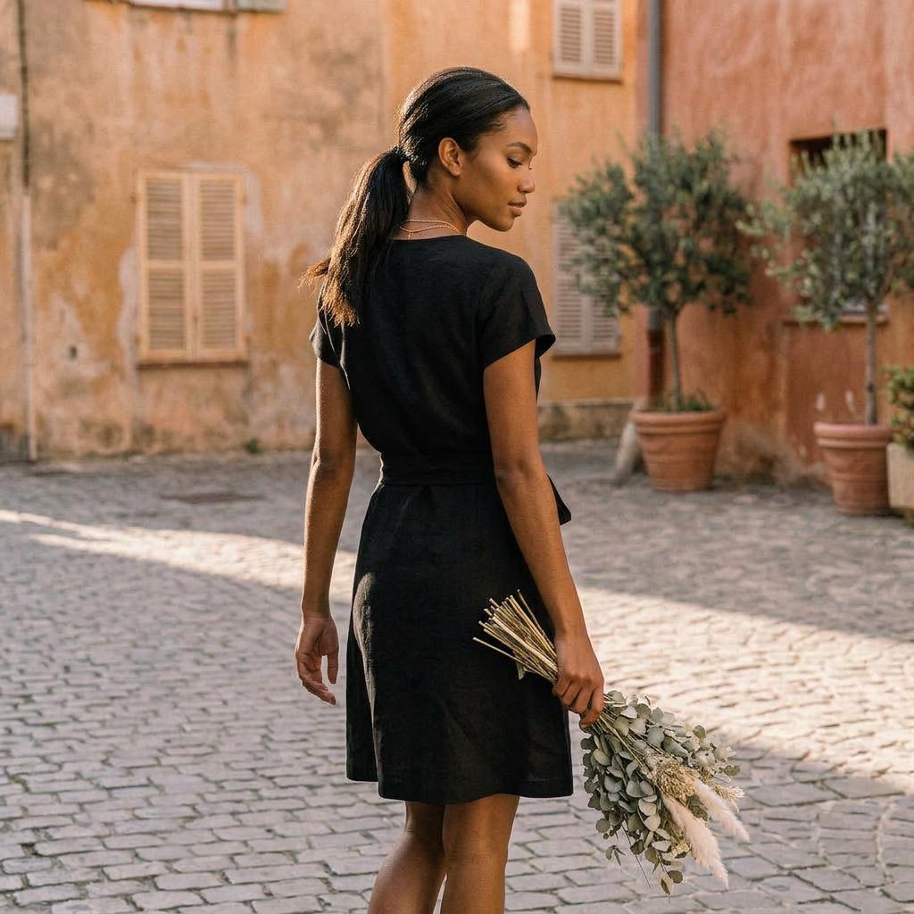 Leona Brown Linen Wrap Knee-Length Dress — view 4