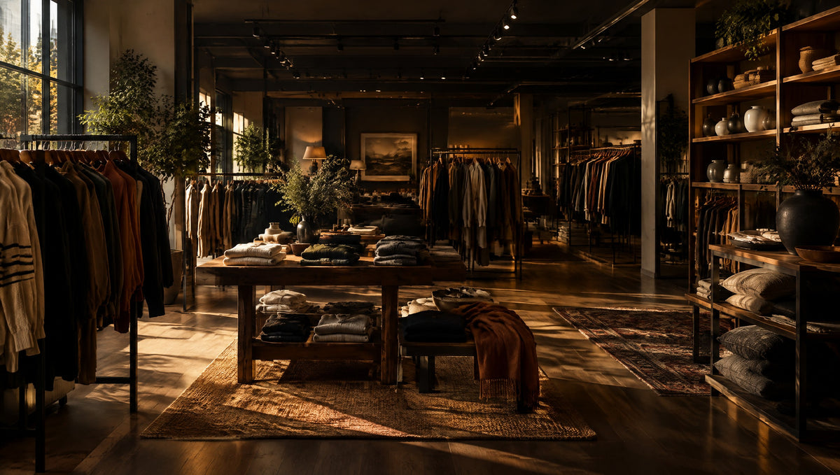 Tidy department store interior with clothing rails and home decor