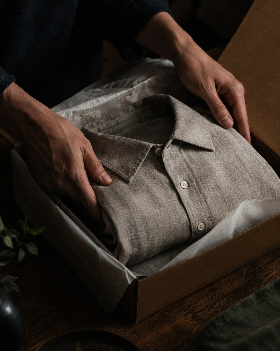 Linen shirt folded into a kraft box