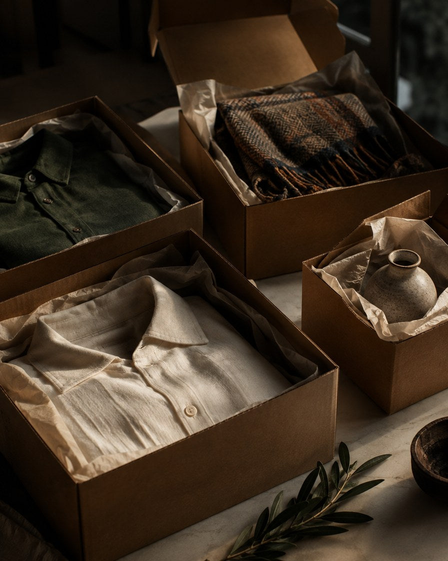 Gift boxes with shirts, a scarf and a vase